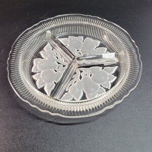 Imperial Clear Frosted Glass Intaglio Fruit Divided Relish Dish Vintage